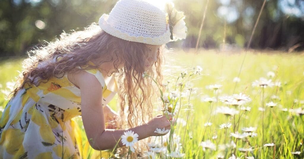 Little girl enjoys picking flowers in a sunlit meadow, embodying pure joy and innocence.