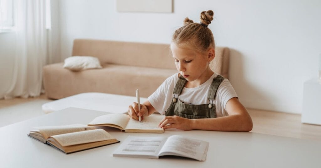 A young girl in a peaceful home setting focused on studying and writing in notebooks.