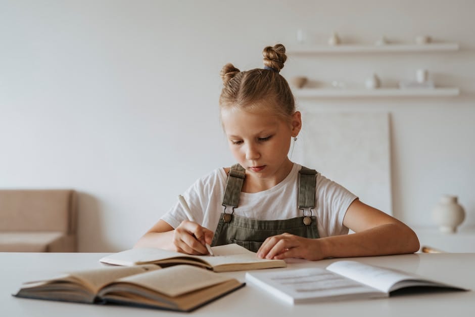 Young girl with braided hair concentrating on her homework at a desk with books, highlighting learning at home.