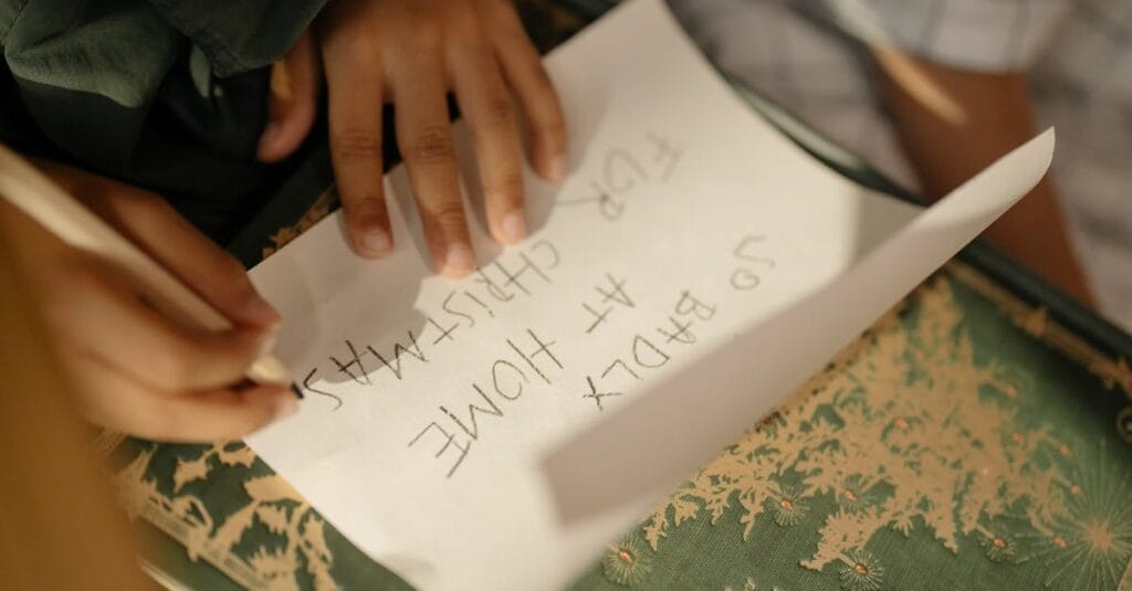 A child's hands writing a Christmas list on paper, emphasizing the joy of holiday preparations.