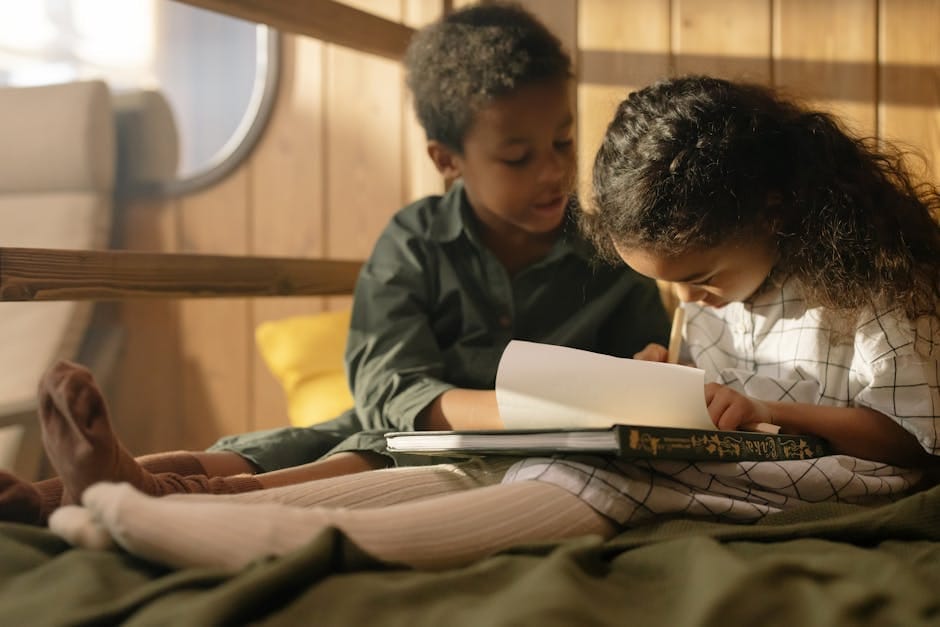 Children reading together in a cozy indoor setting, highlighting warmth and learning.