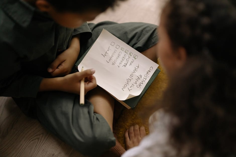 Family enjoying a cozy indoor moment, creating a checklist together with focused energy.