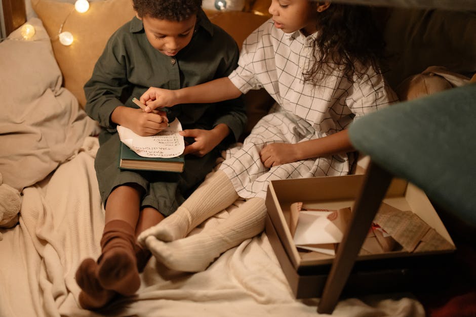 Two children enjoy creative writing and play indoors, surrounded by warm lights and cozy blankets.