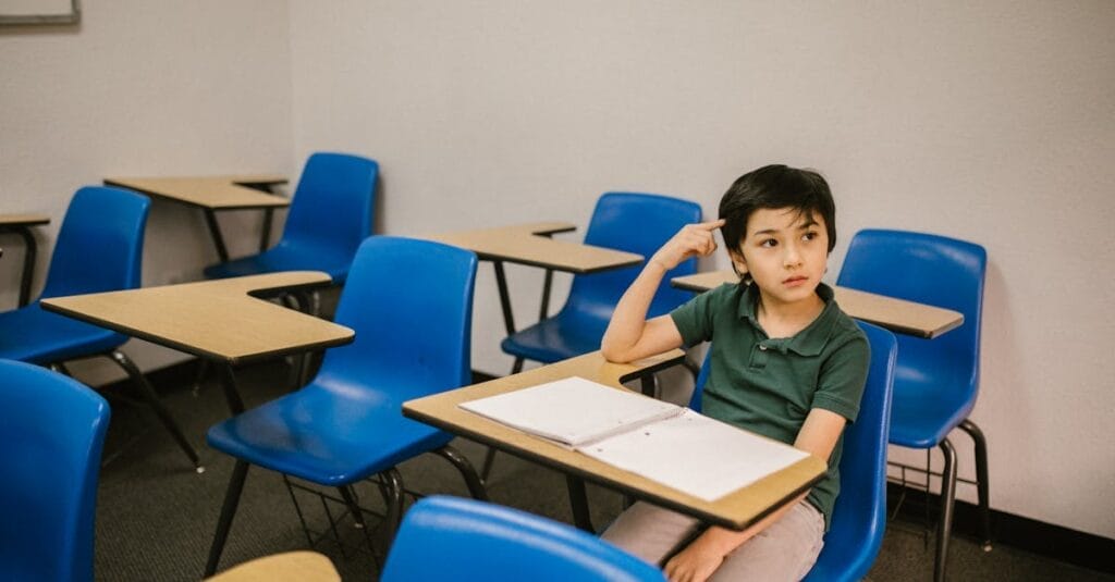 A young boy appears thoughtful while sitting alone in a classroom.