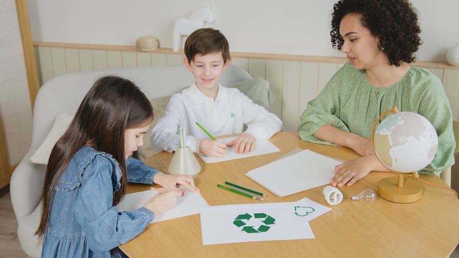 Kids with a teacher learning about recycling at a table indoors.