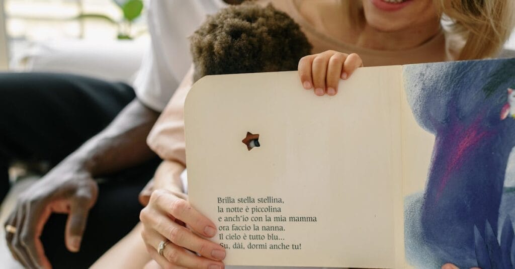 A joyful family reading a children's storybook together indoors, showcasing affection and warmth.