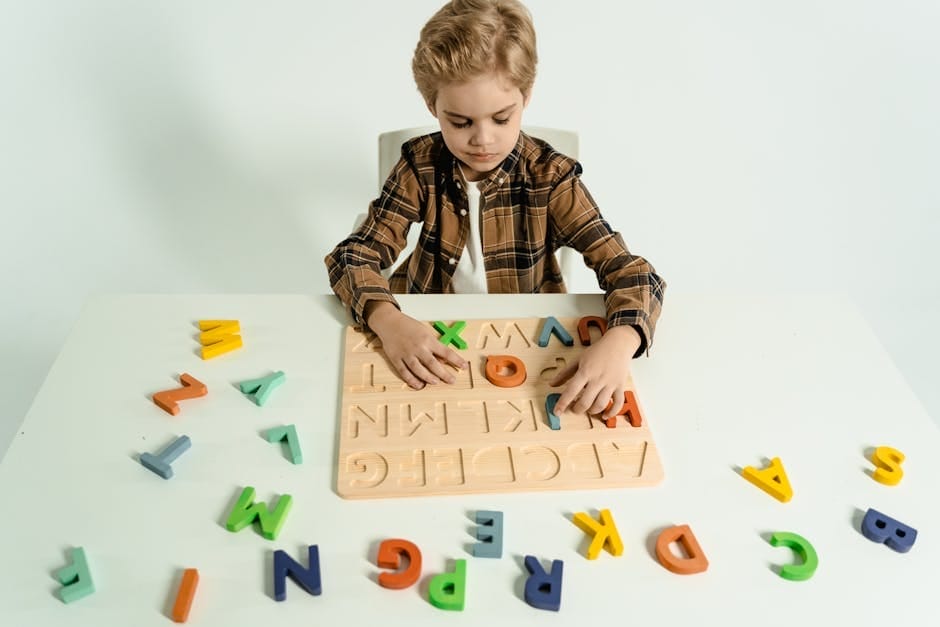 Young boy playing with colorful wooden alphabet puzzle on white table, enhancing learning experience.