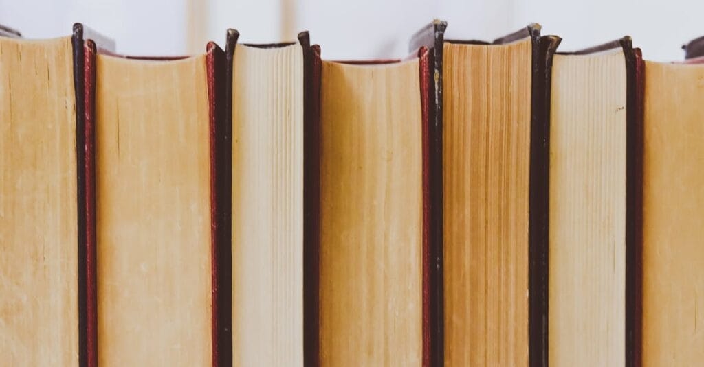 Close-up view of vintage book bindings in a library setting.