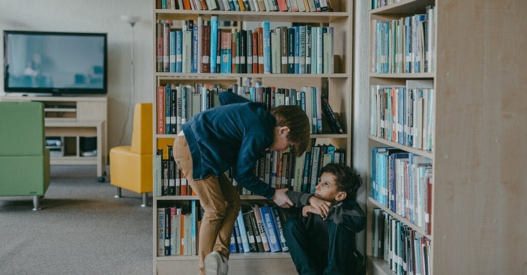 A child bullies another student in a school library, highlighting social issues.