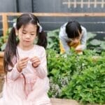 Two children explore and enjoy a vibrant garden during a sunny day.