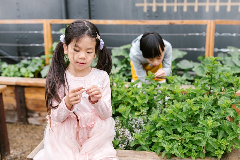 Two children explore and enjoy a vibrant garden during a sunny day.