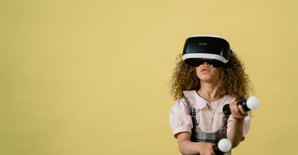 Curly-haired girl wearing VR headset and controllers, exploring virtual reality.