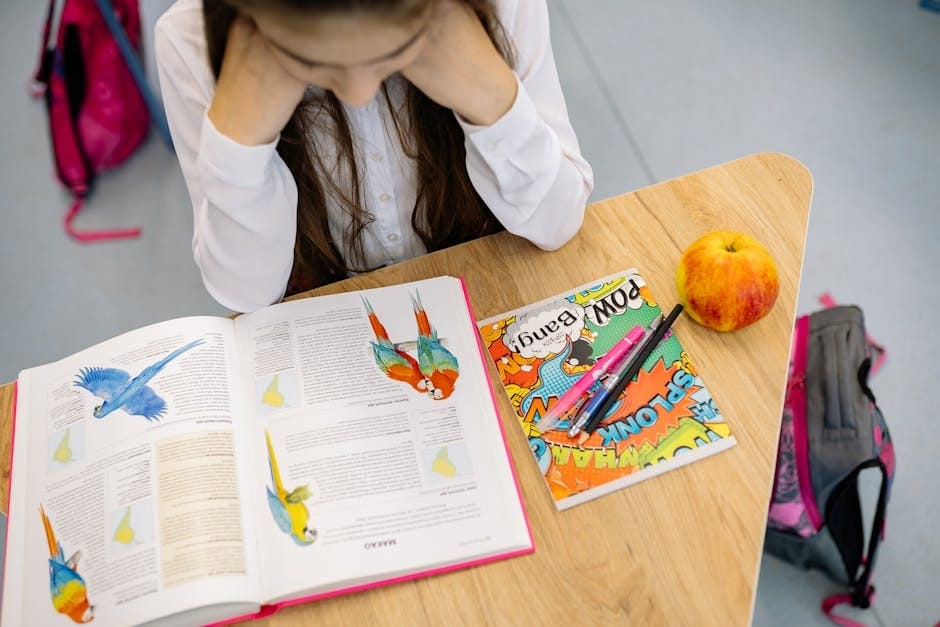 A young student studying at a desk with an open book, colorful notebook, pens, and an apple.