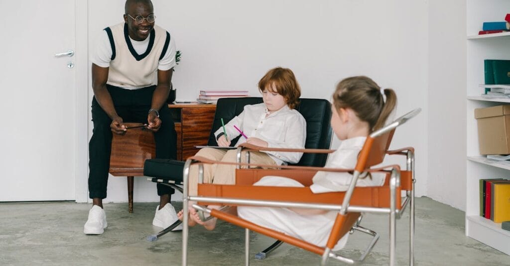 A teacher engages with children in an educational setting, fostering development and learning.