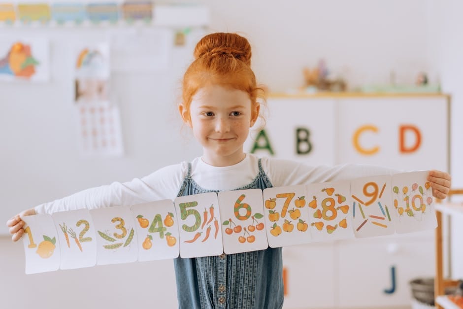 Young girl showcasing number cards in a vibrant classroom setting.