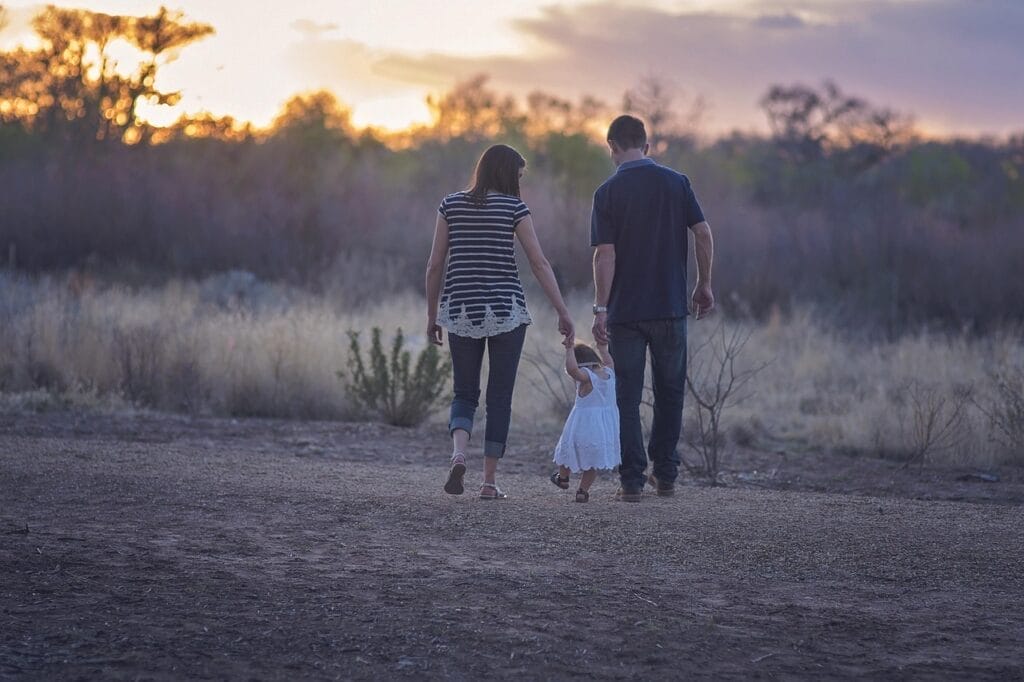 family, walking, countryside, sunset, field, parents, mother, father, toddler, evening, walk, daughter, together, child, nature, outdoors, family, family, family, family, family, parents