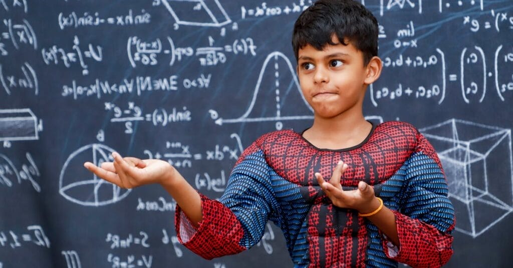 A young boy dressed as a superhero stands confidently in front of a chalkboard filled with math equations.