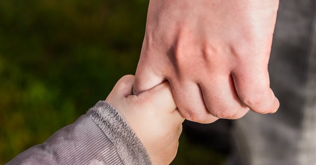 A close-up of a child and parent holding hands in a park, symbolizing love and trust.