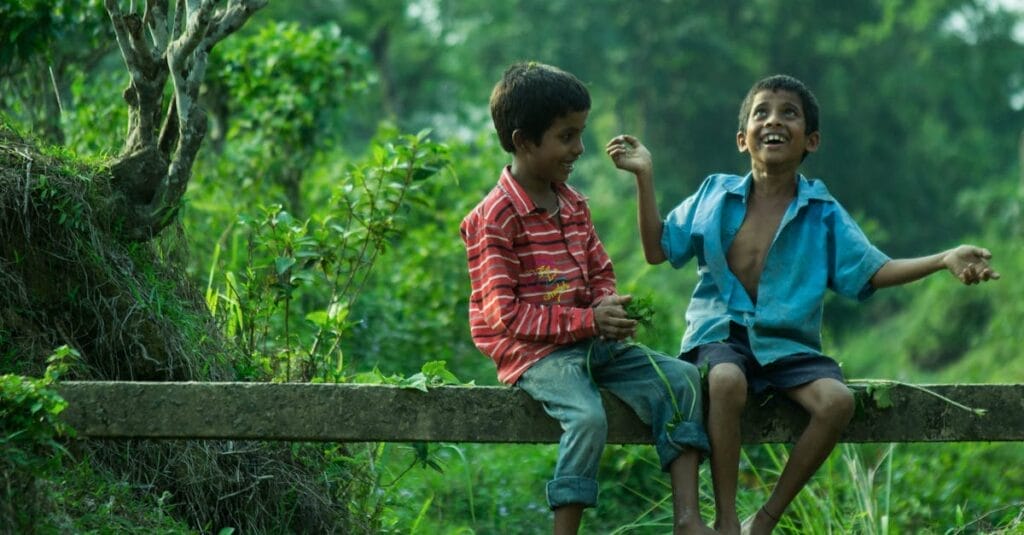 Two boys enjoying playful moments on a tree branch in a lush park setting.