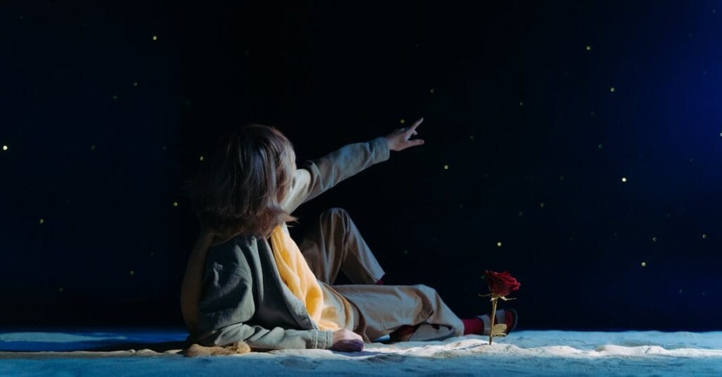 A child lies on sand under a starry sky, pointing while a red rose stands nearby.