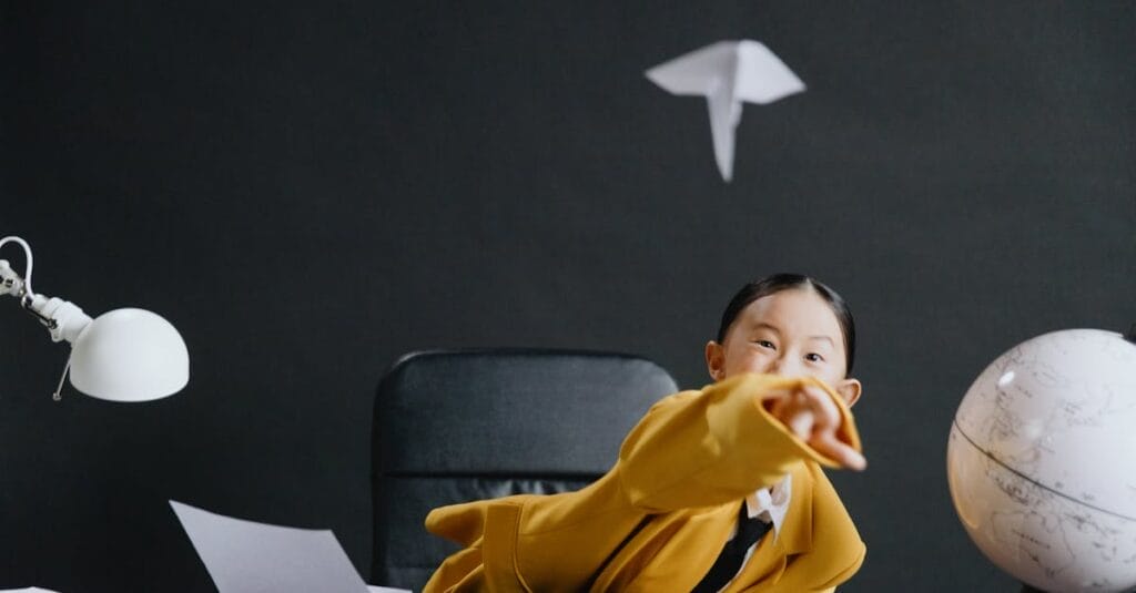 A playful scene of a young girl in an office throwing a paper airplane, featuring a globe and desk lamp.